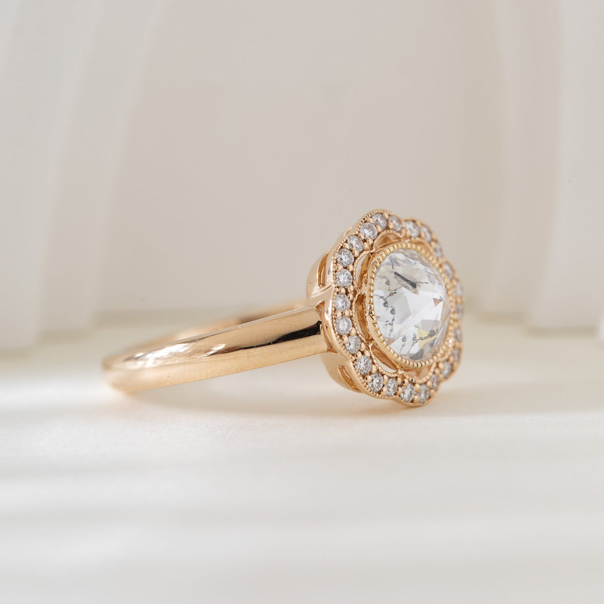 1.22CT Round Rose Cut Halo Design Bezel Set Ring - FIORESE JEWELRY
