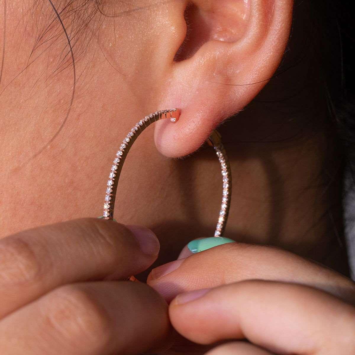 14K Rose Gold 1.3mm Round Cut Diamond Hoop Earrings - FIORESE JEWELRY