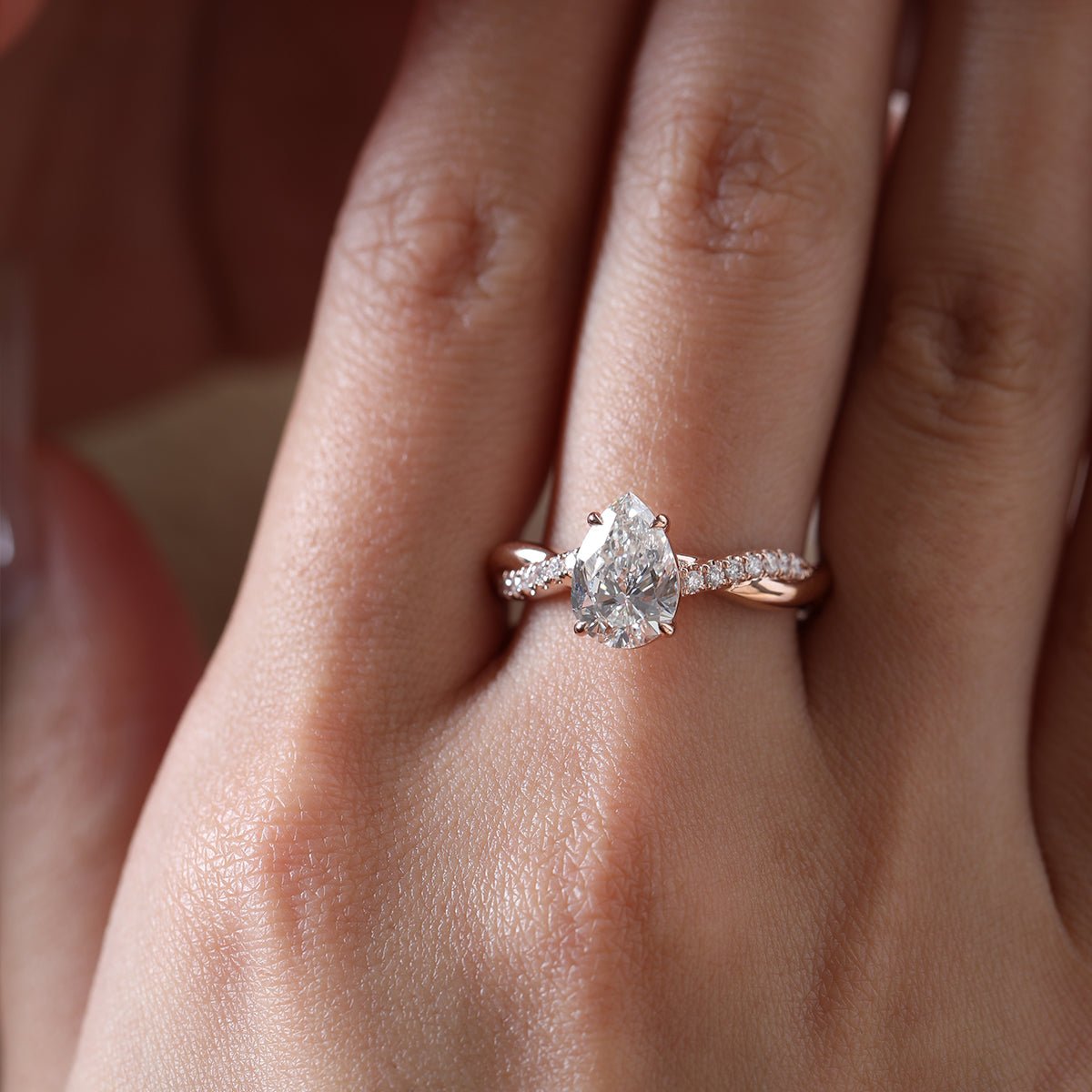 14K Rose Gold 1.5ct Pear Cut Lab Diamond Twist Pave Ring - FIORESE JEWELRY