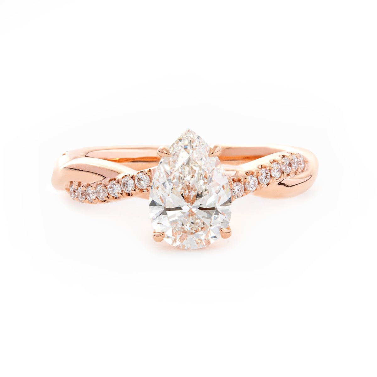 14K Rose Gold 1.5ct Pear Cut Lab Diamond Twist Pave Ring - FIORESE JEWELRY