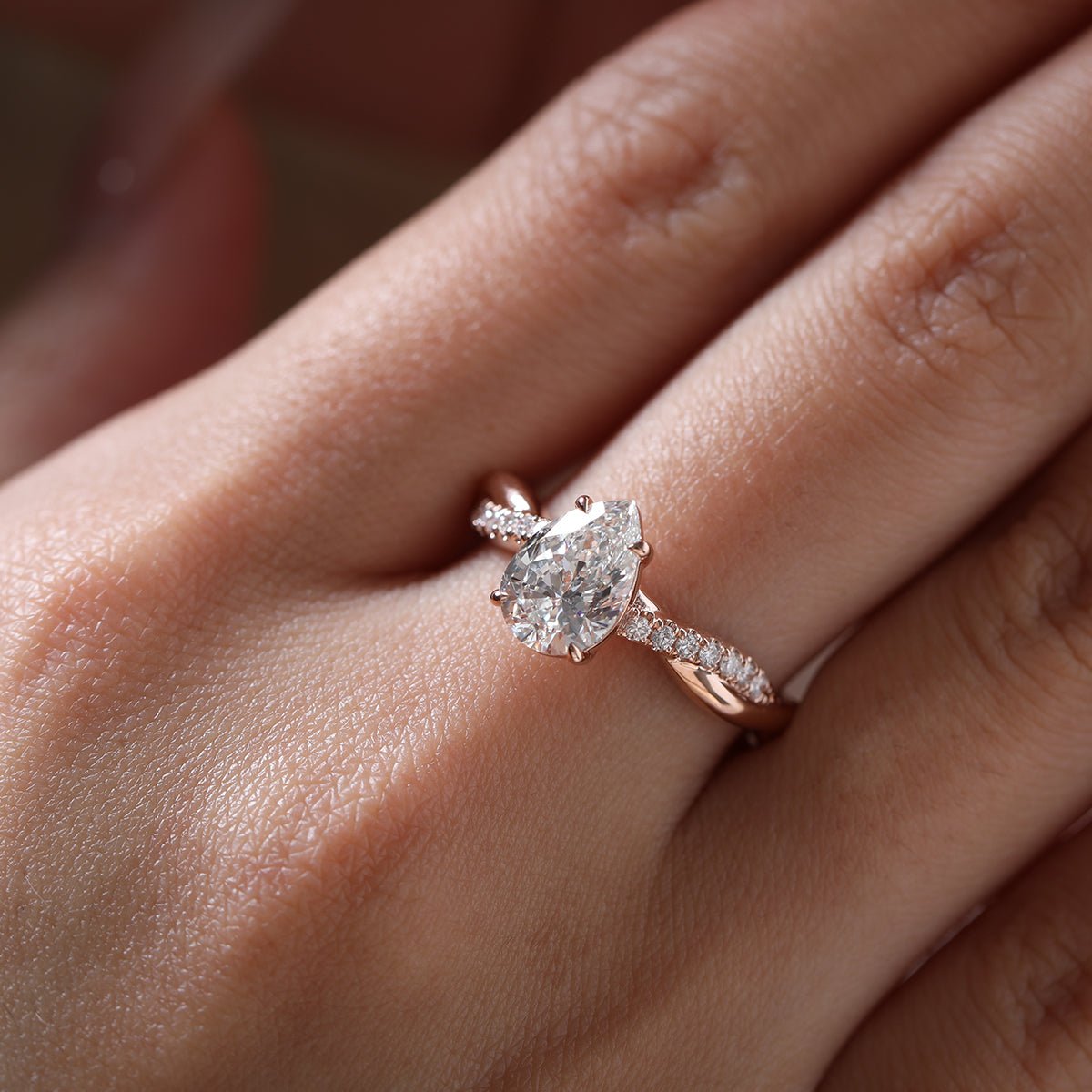 14K Rose Gold 1.5ct Pear Cut Lab Diamond Twist Pave Ring - FIORESE JEWELRY
