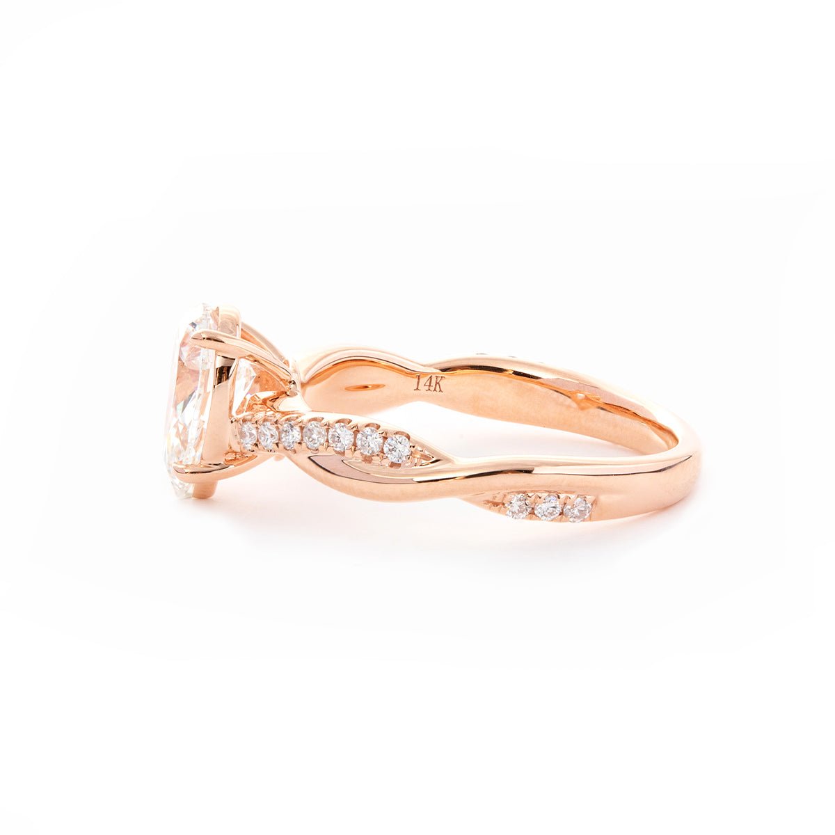 14K Rose Gold 1.5ct Pear Cut Lab Diamond Twist Pave Ring - FIORESE JEWELRY