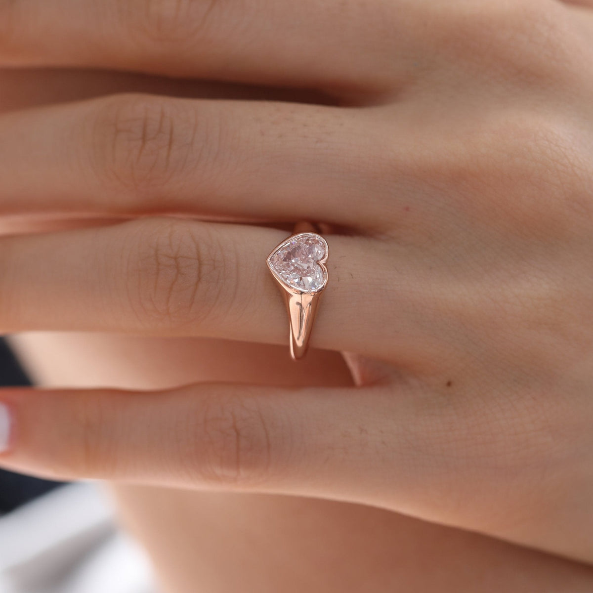 14K Rose Gold 1ct Heart Cut Pink Lab Diamond Bezel Solitaire Ring - FIORESE JEWELRY