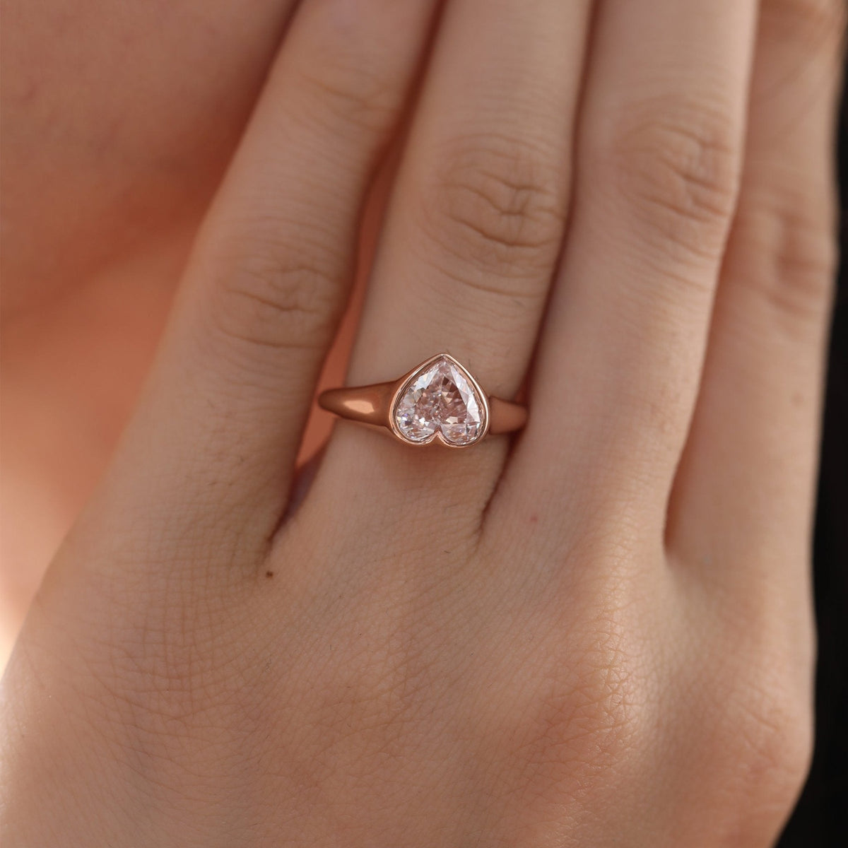 14K Rose Gold 1ct Heart Cut Pink Lab Diamond Bezel Solitaire Ring - FIORESE JEWELRY