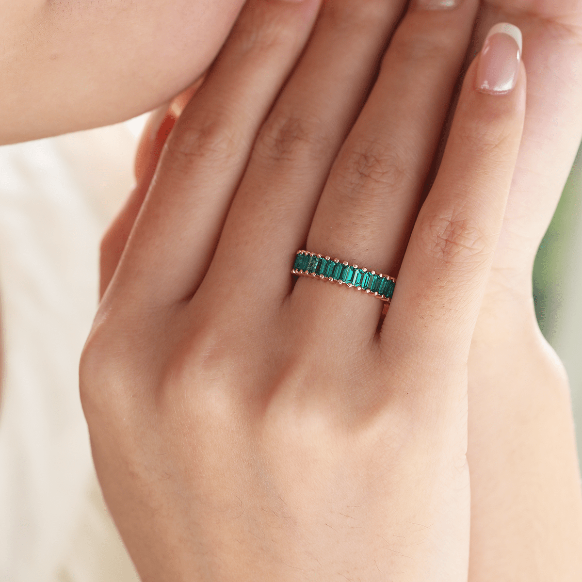 14K Rose Gold 3*1.5mm Baguette Cut Zambian Lab Emerald Eternity Ring - FIORESE JEWELRY