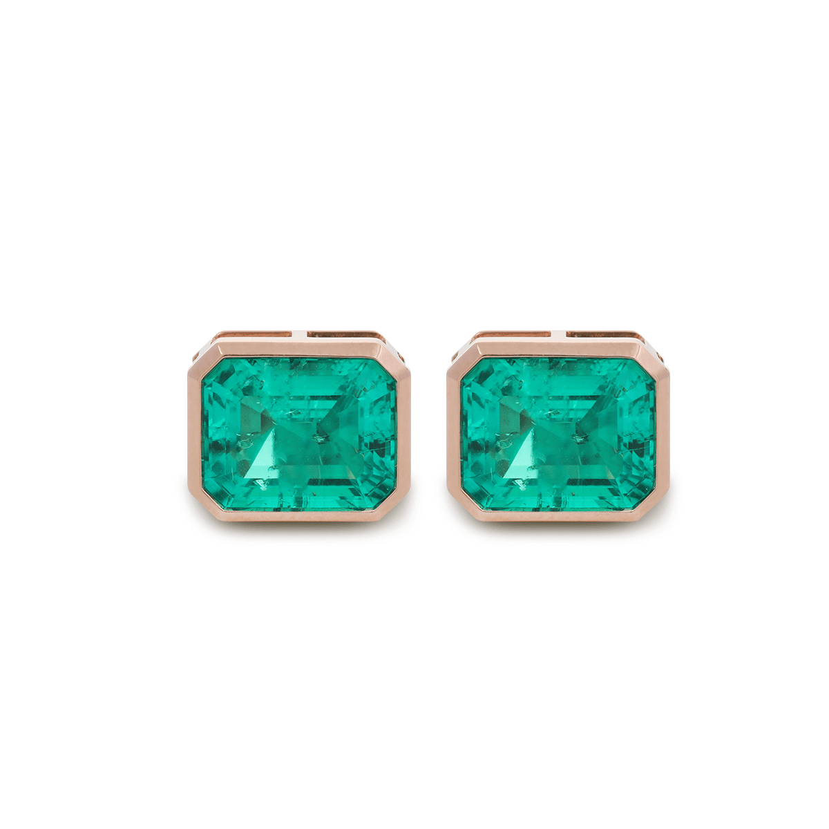 14K Rose Gold 6 ct tw Columbian Lab Emerald Bezel Basket Stud Earrings - FIORESE JEWELRY