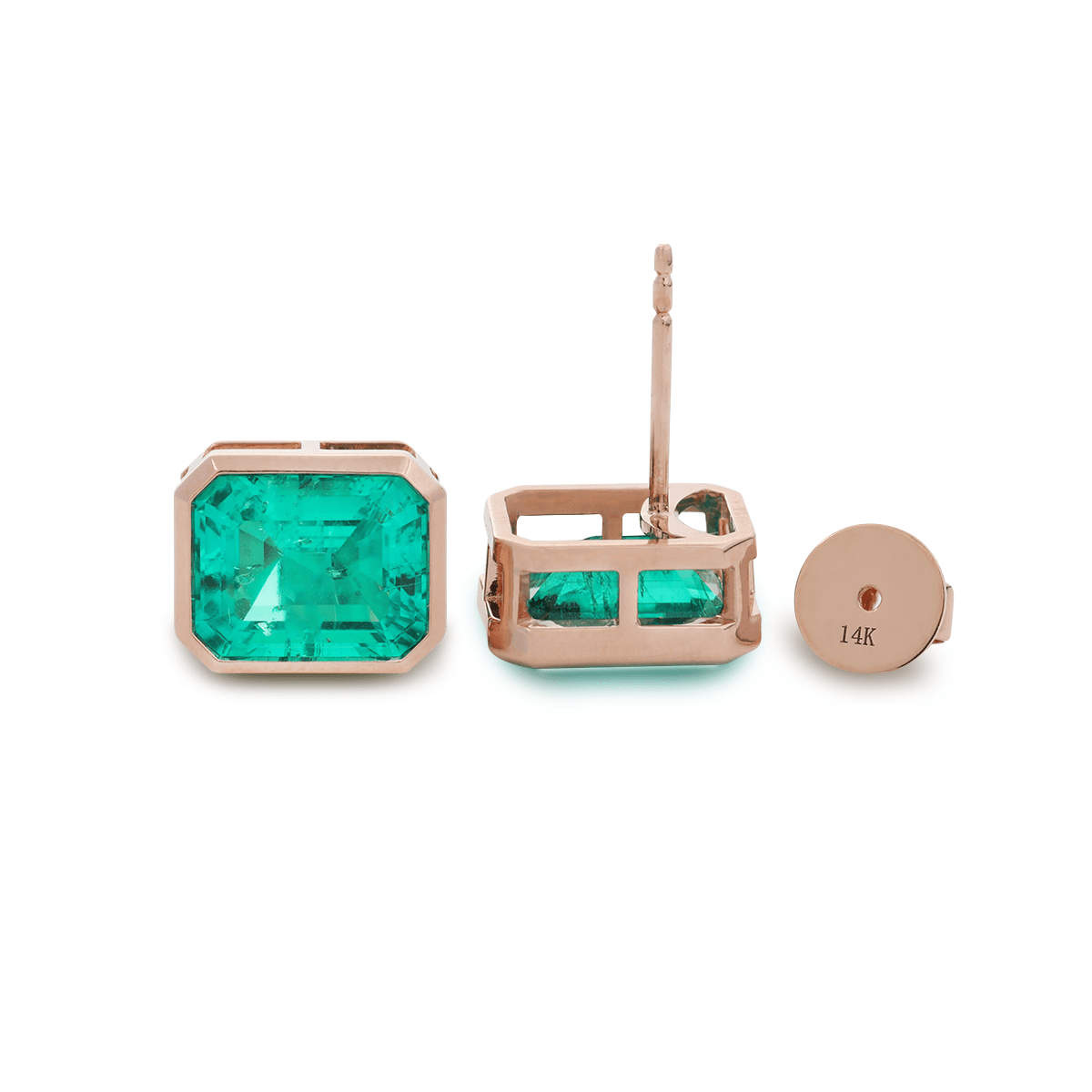 14K Rose Gold 6 ct tw Columbian Lab Emerald Bezel Basket Stud Earrings - FIORESE JEWELRY