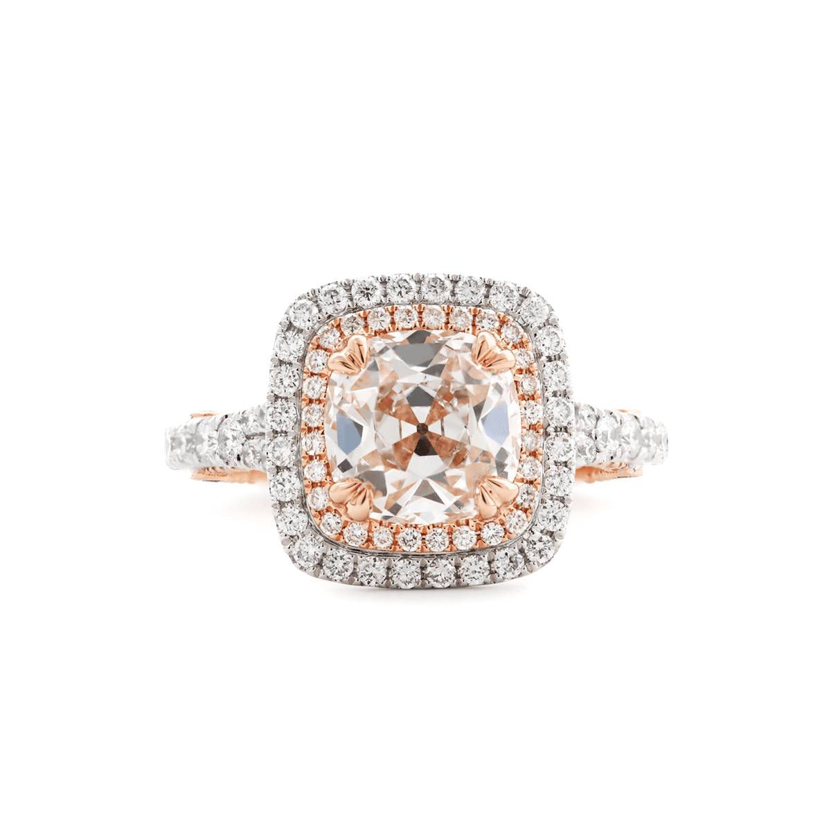 14K White and Rose Gold 2.5ct Old Mine Cut Lab Diamond Evelina Halo Edwardian Style Ring with Waverly Band and Millegrain Edging - FIORESE JEWELRY