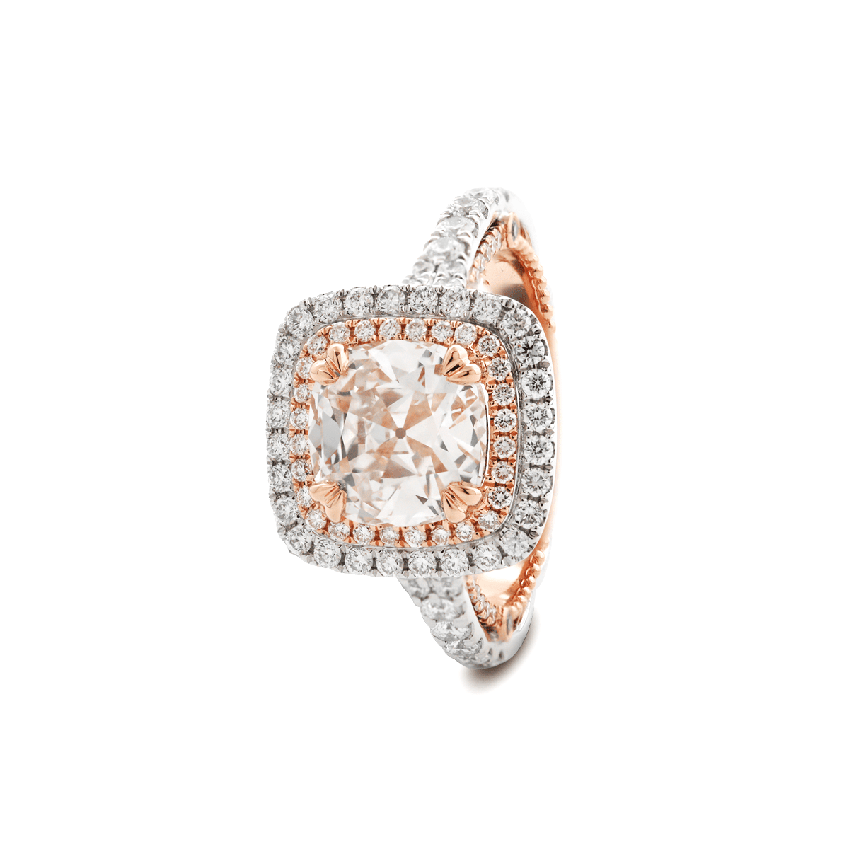 14K White and Rose Gold 2.5ct Old Mine Cut Lab Diamond Evelina Halo Edwardian Style Ring with Waverly Band and Millegrain Edging - FIORESE JEWELRY