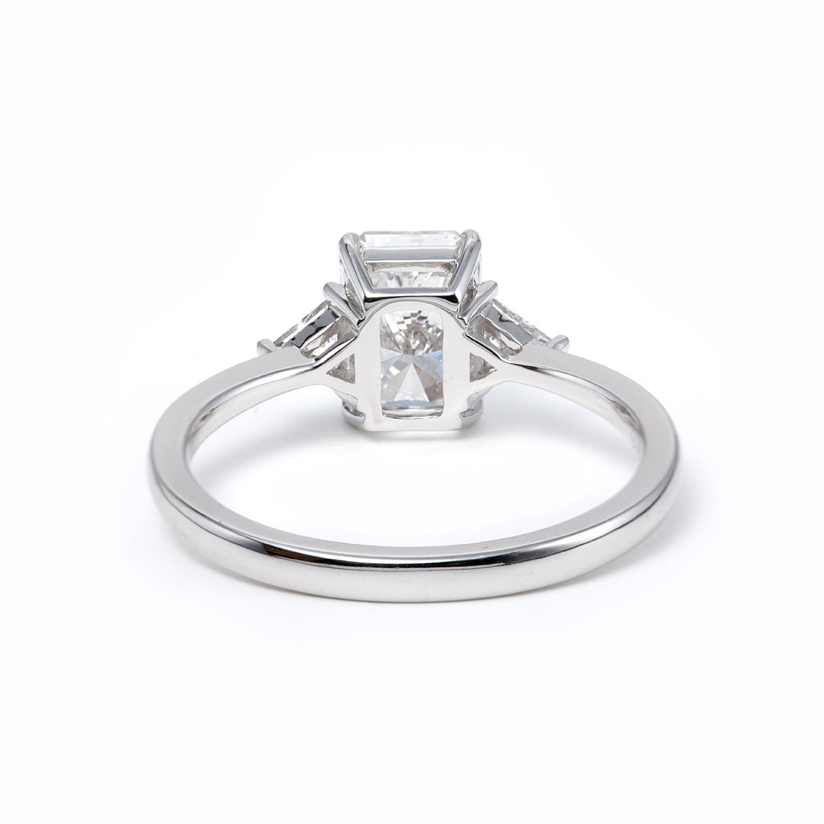 14K White Gold 1.5ct Radiant Cut Lab Diamond Three Stone Ring with Triangular Cut Lab Diamond Side Stones and Tapered Band Design - FIORESE JEWELRY