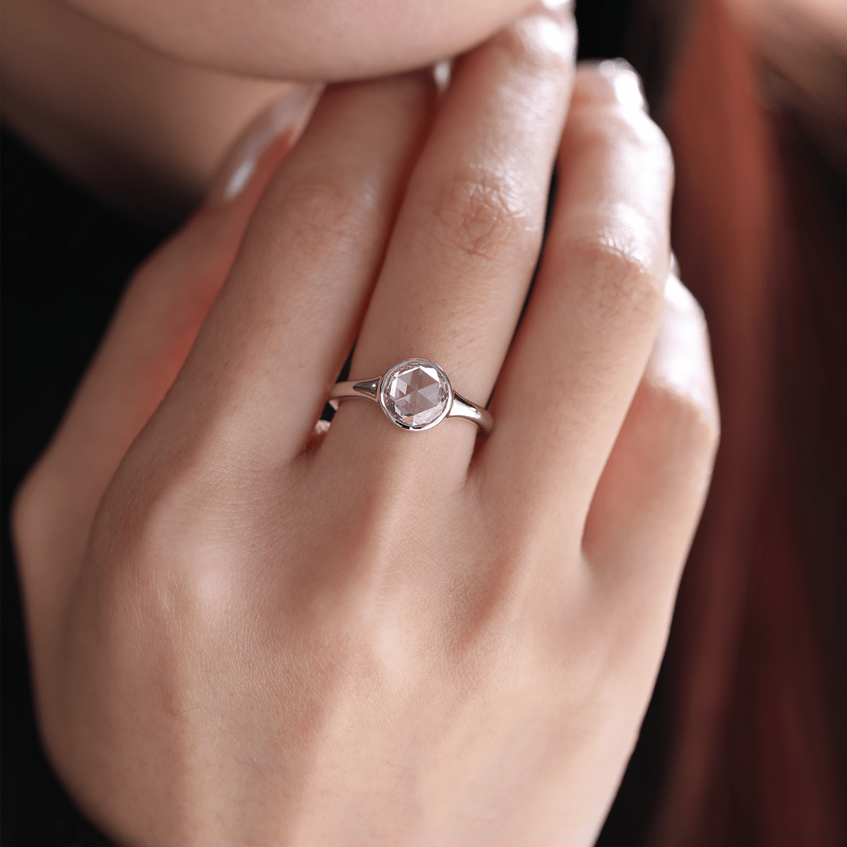 14K White Gold 1.5ct Rose Cut Lab Diamond Bezel Ring with Tapered Band - FIORESE JEWELRY