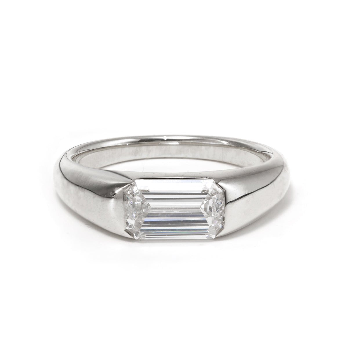 14K White Gold 1ct Emerald Cut Lab Diamond Half Bezel Ring with Tapered Band Design - FIORESE JEWELRY