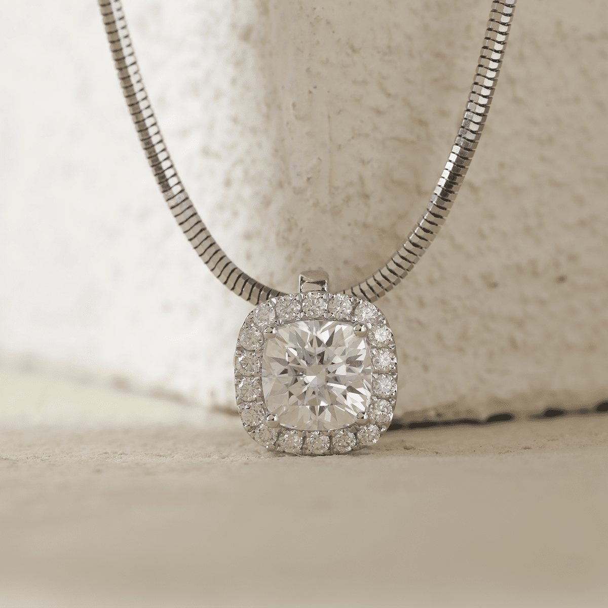 14K White Gold 2ct Cushion Lab Diamond Pendant Necklace with Round Lab Diamond Halo and Snake Chain - FIORESE JEWELRY