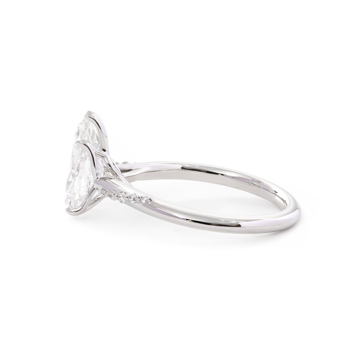 14K White Gold 2ct Pear Cut Lab Diamond Ring with Twist Pave Band and Floral Basket Head Design - FIORESE JEWELRY