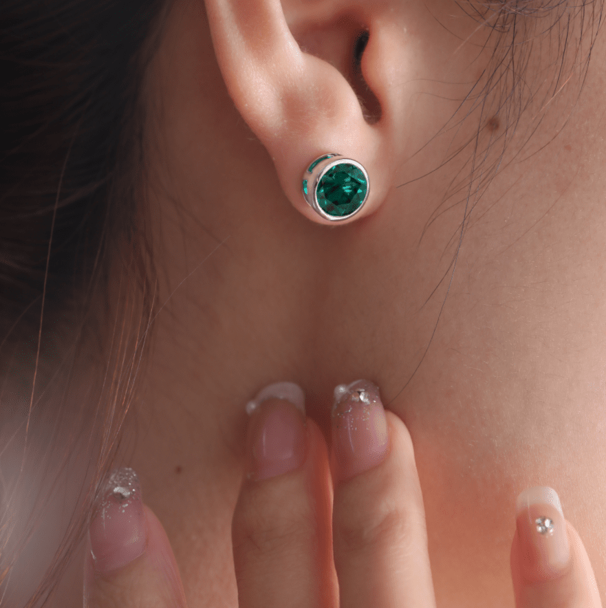 14K White Gold 3 ct tw Round Zambian Lab Emerald Bezel Stud Earrings - FIORESE JEWELRY