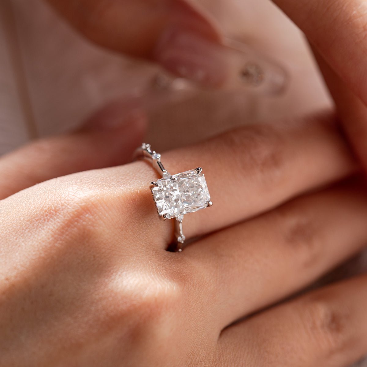 14K White Gold 3.5ct Radiant Cut Lab Diamond Hidden Halo Ring - FIORESE JEWELRY
