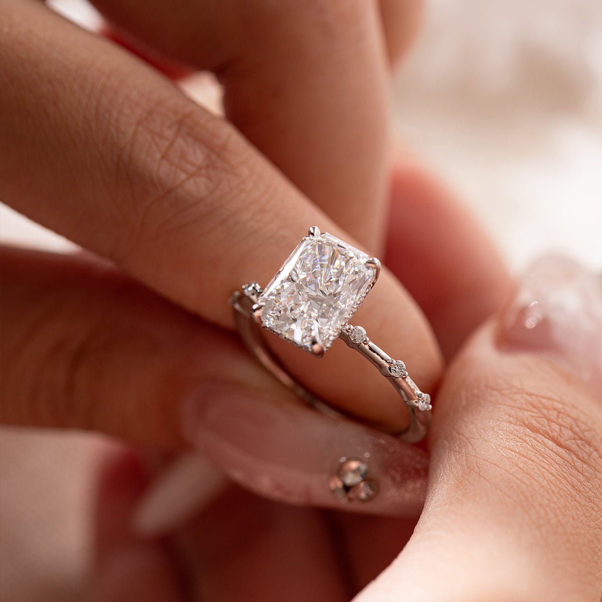 14K White Gold 3.5ct Radiant Cut Lab Diamond Hidden Halo Ring - FIORESE JEWELRY