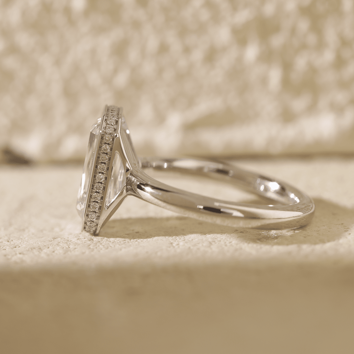 14K White Gold 3ct Criss Cut Bezel Ring with Round Lab Diamond Hidden Halo - FIORESE JEWELRY