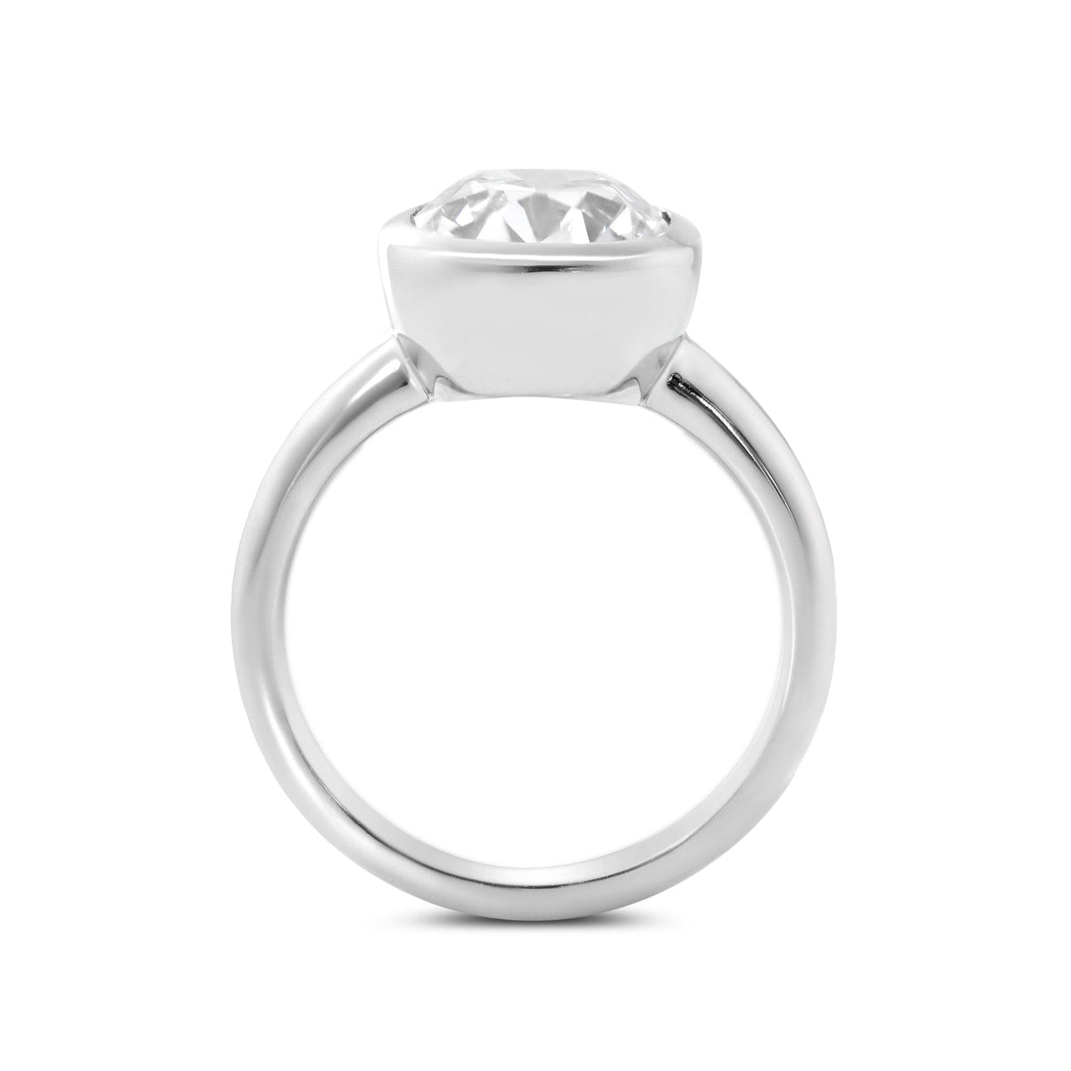 14K White Gold 4.5ct Elongated Old Mine Cut Lab Diamond Bezel Solitaire Ring - FIORESE JEWELRY