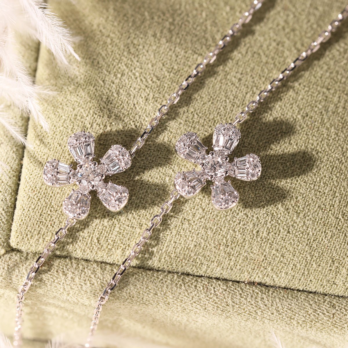 14K White Gold 5 - Flower Station Necklace with Round and Baguette Cut Lab Diamonds - FIORESE JEWELRY