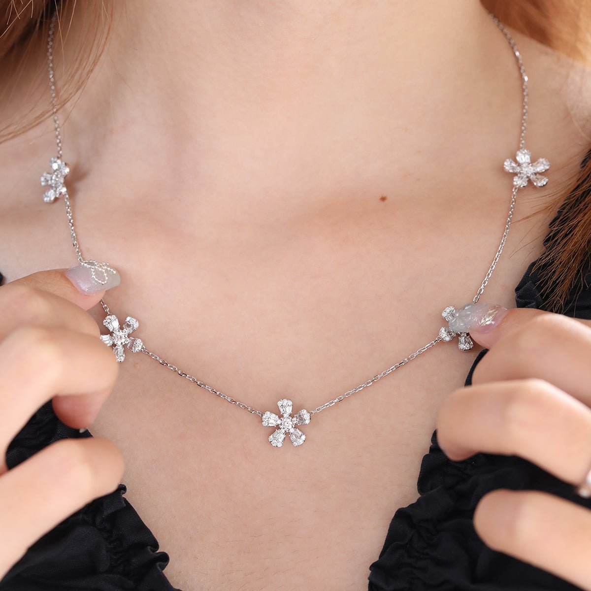 14K White Gold 5 - Flower Station Necklace with Round and Baguette Cut Lab Diamonds - FIORESE JEWELRY