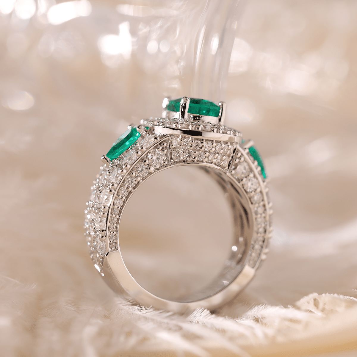 14K White Gold 9*7mm Oval Columbian Lab Emerald Vintage Ring with Pear Lab Emerald and Round Lab Diamond Side - stones Pave - FIORESE JEWELRY