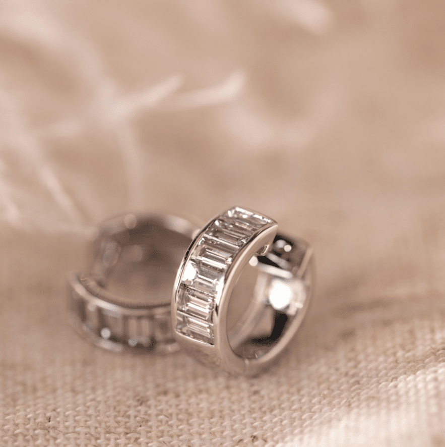 14K White Gold Baguette Cut Lab Diamond Channel Setting Huggie Earrings - FIORESE JEWELRY
