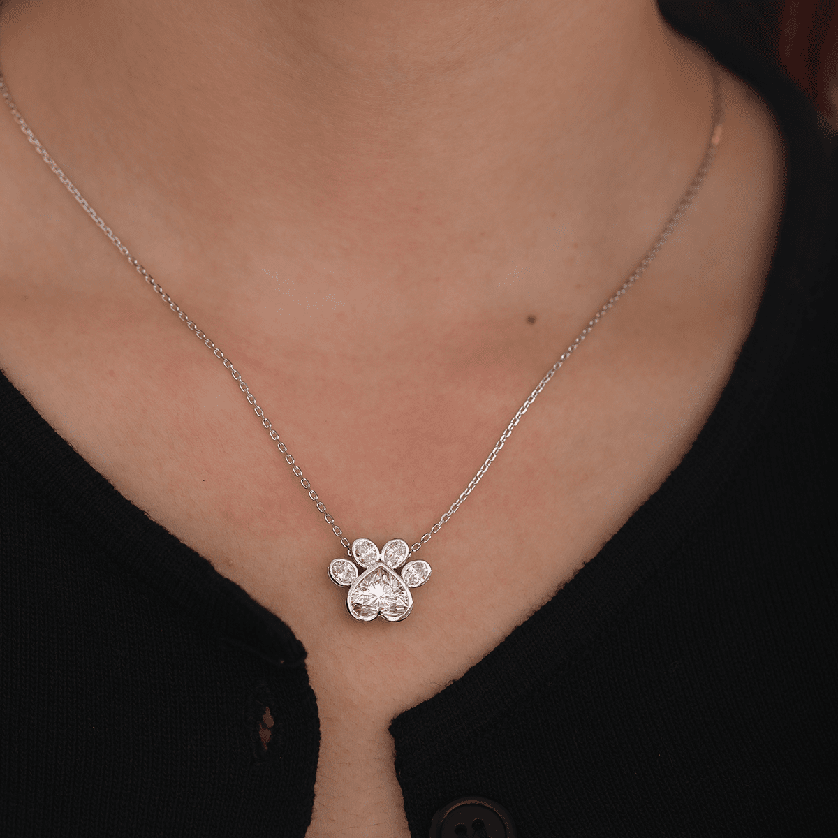 14K White Gold Heart Shaped and Oval Lab diamond Bella Paw Bezel Pendant Necklace - FIORESE JEWELRY