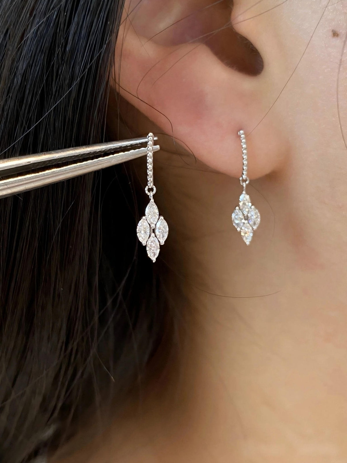 14K White Gold Marquise‑Cut Lab‑Grown Diamond Four‑Leaf Dangle Hook Earrings - LGG Jewelry