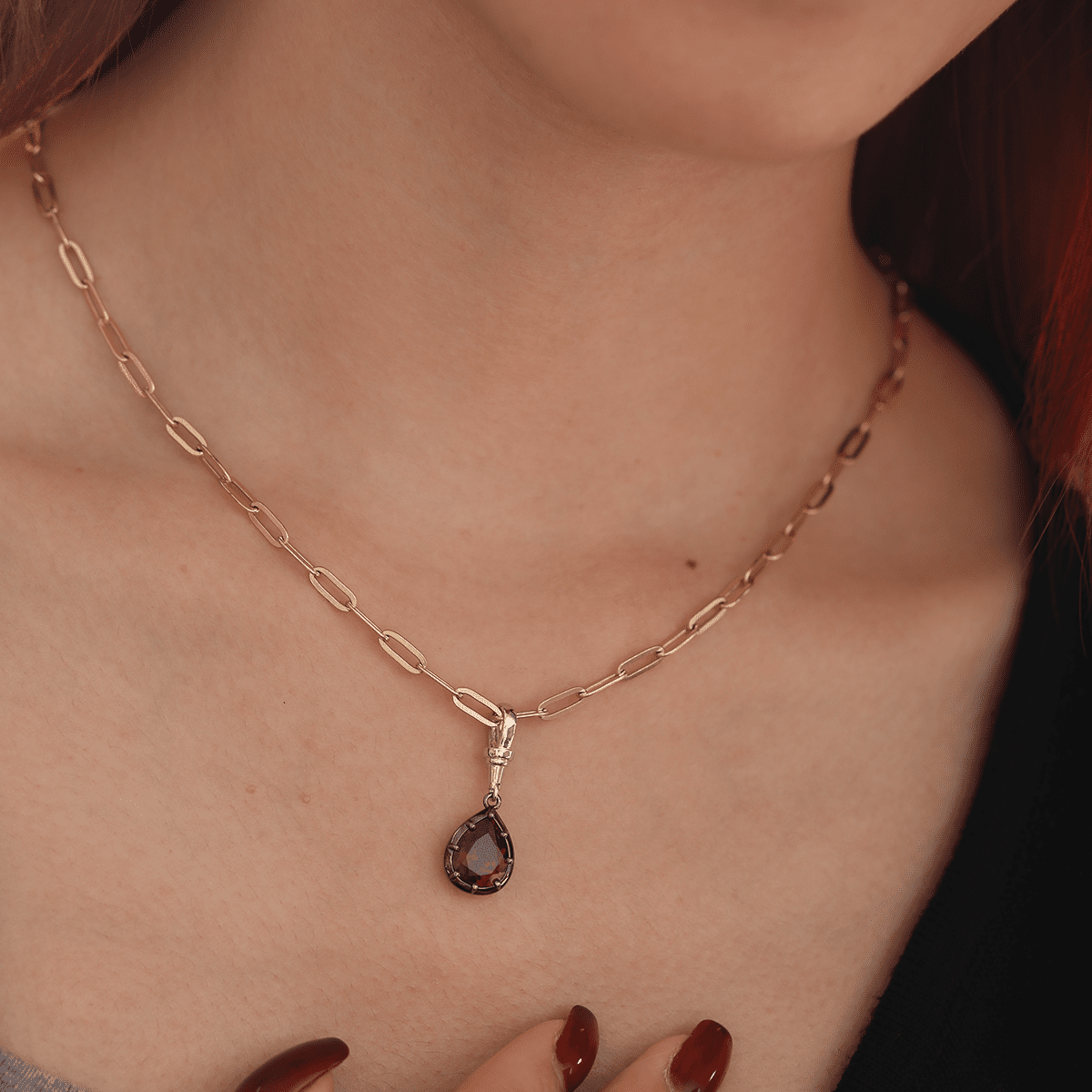 14K White Gold Necklace with 3ct Pear Shaped Lab Diamond Pendant in Black Rhodium Plated Bezel Setting - FIORESE JEWELRY