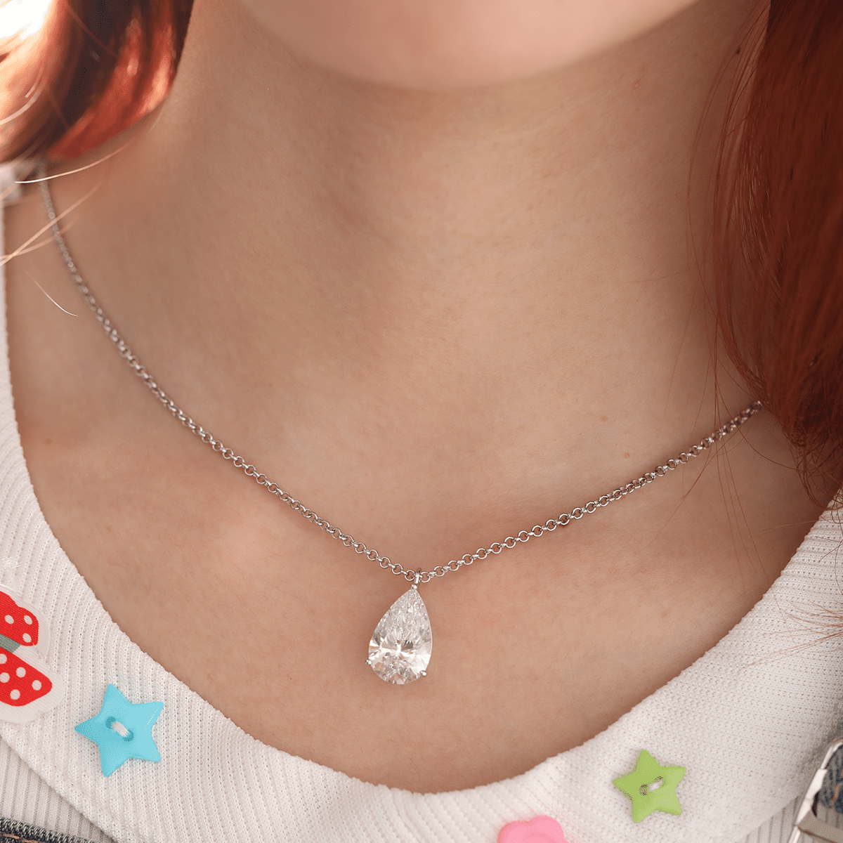 14K White Gold Necklace with 6ct Pear Shaped Lab Diamond Pendant in 3 Prong Basket Setting and Rolo Chain - FIORESE JEWELRY