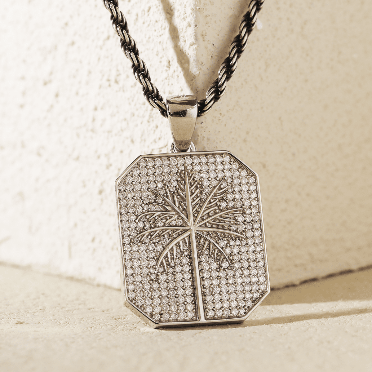 14K White Gold Palm Pendant Necklace with Round Lab Diamond Pave - FIORESE JEWELRY