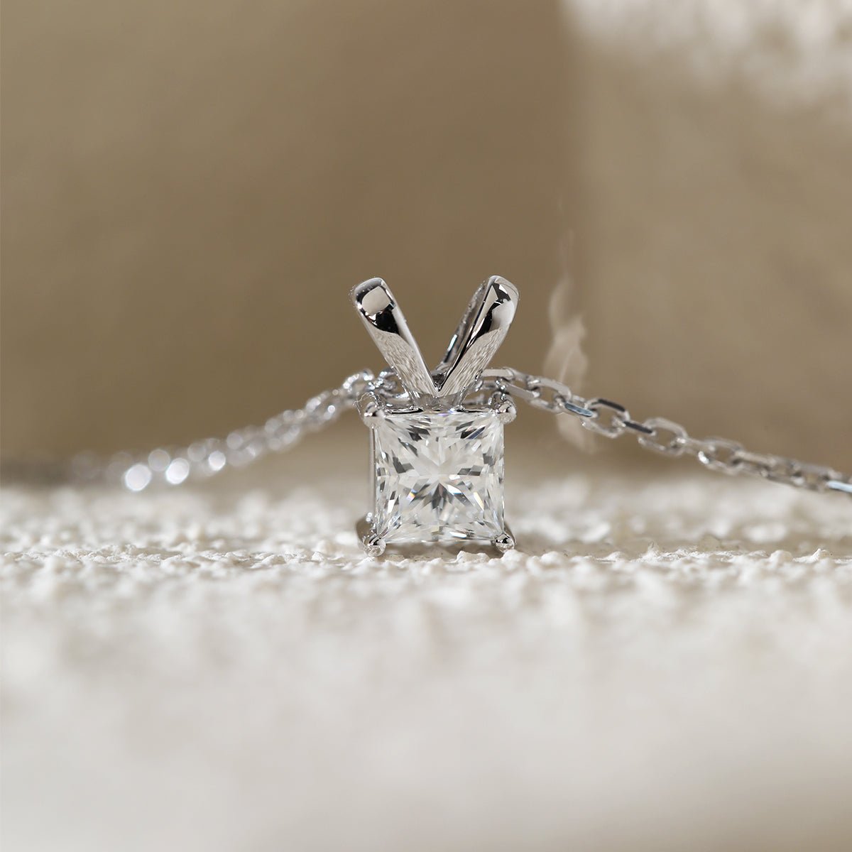 14K White Gold Princess Cut Lab diamond 4 Prong Basket Pendant Necklace - FIORESE JEWELRY