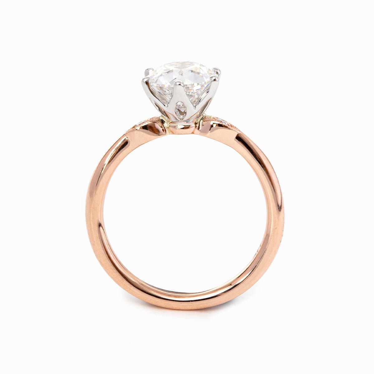 14K White & Rose Gold Old European Cut Diamond Three Stone Oval Elongated Cushion Cut Engagement Rings - FIORESE JEWELRY