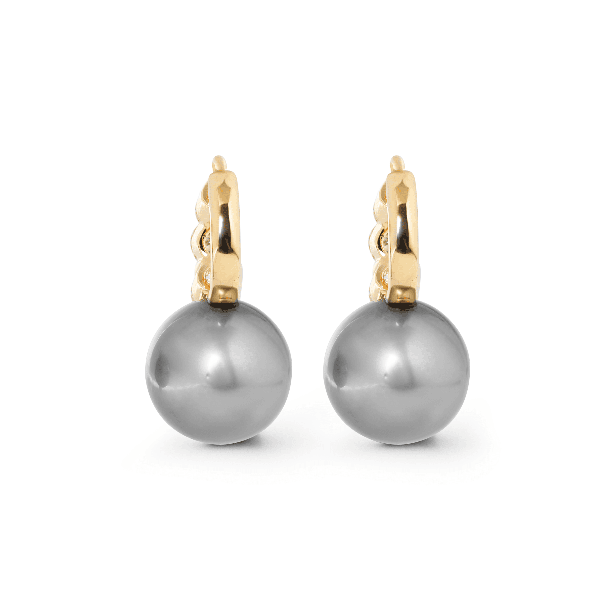 14K Yellow Gold 12mm Grey Fresh - water Pearl with Round Lab Diamond Side - stones Hoop Earrings - FIORESE JEWELRY