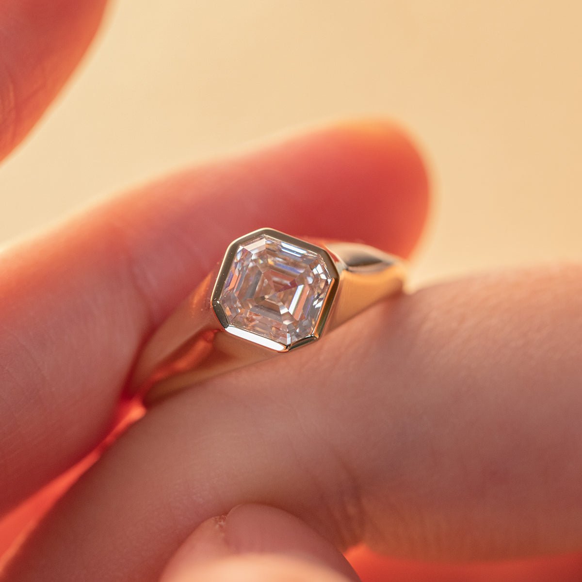 14k Yellow Gold 1.5ct Asscher Cut Lab Diamond Bezel Ring with Knife Edge Tapered Band Design - FIORESE JEWELRY