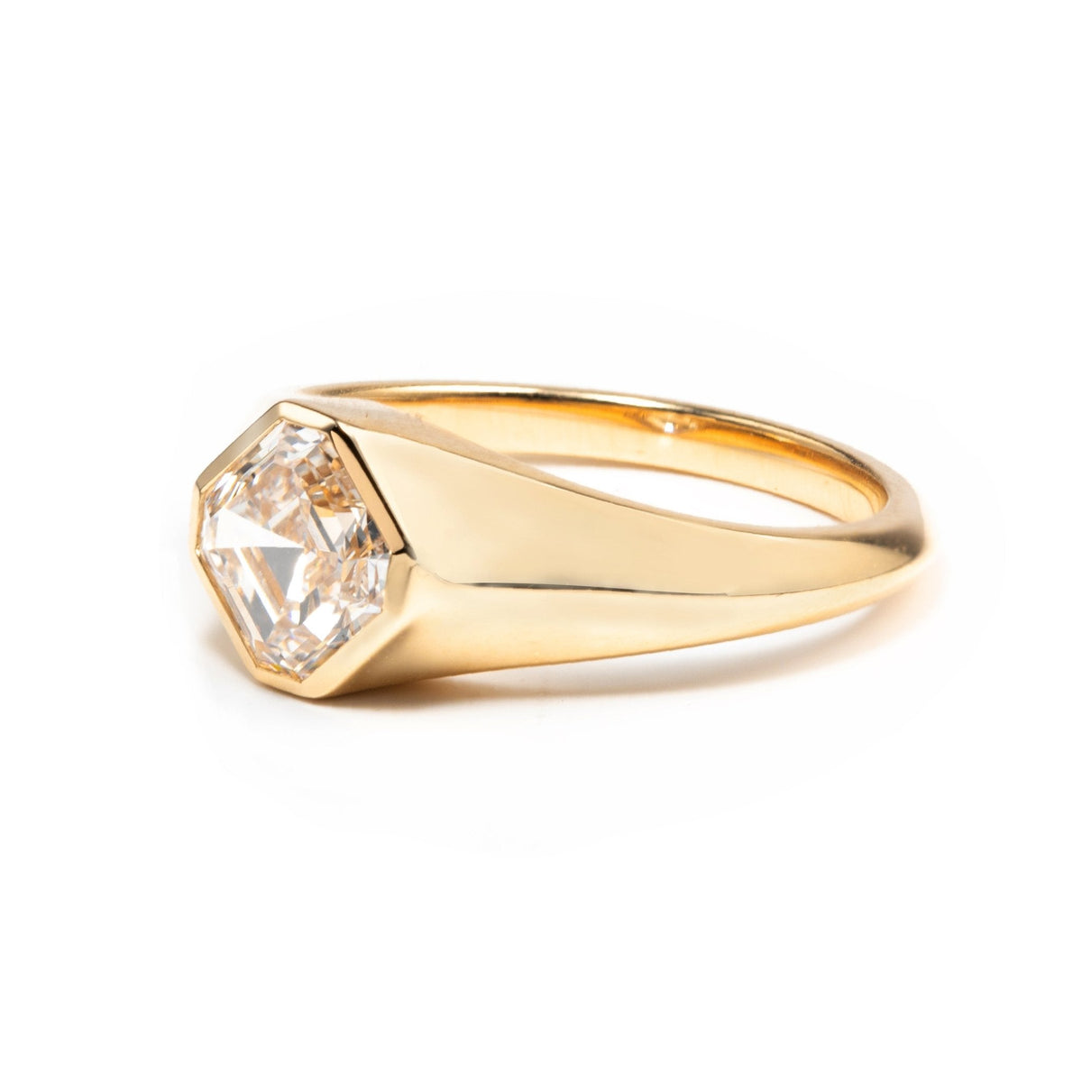 14k Yellow Gold 1.5ct Asscher Cut Lab Diamond Bezel Ring with Knife Edge Tapered Band Design - FIORESE JEWELRY