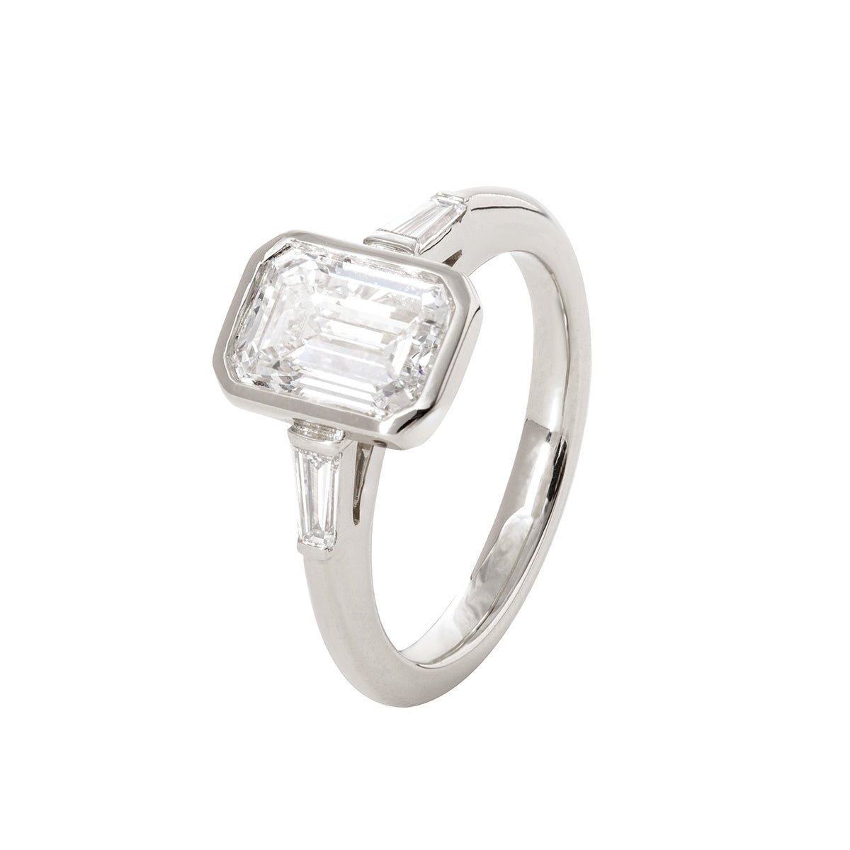 14K Yellow Gold 1.5ct Emerald Cut Lab Diamond Elongated Trapezoid Cut Three - stone Bezel Engagement Ring - FIORESE JEWELRY