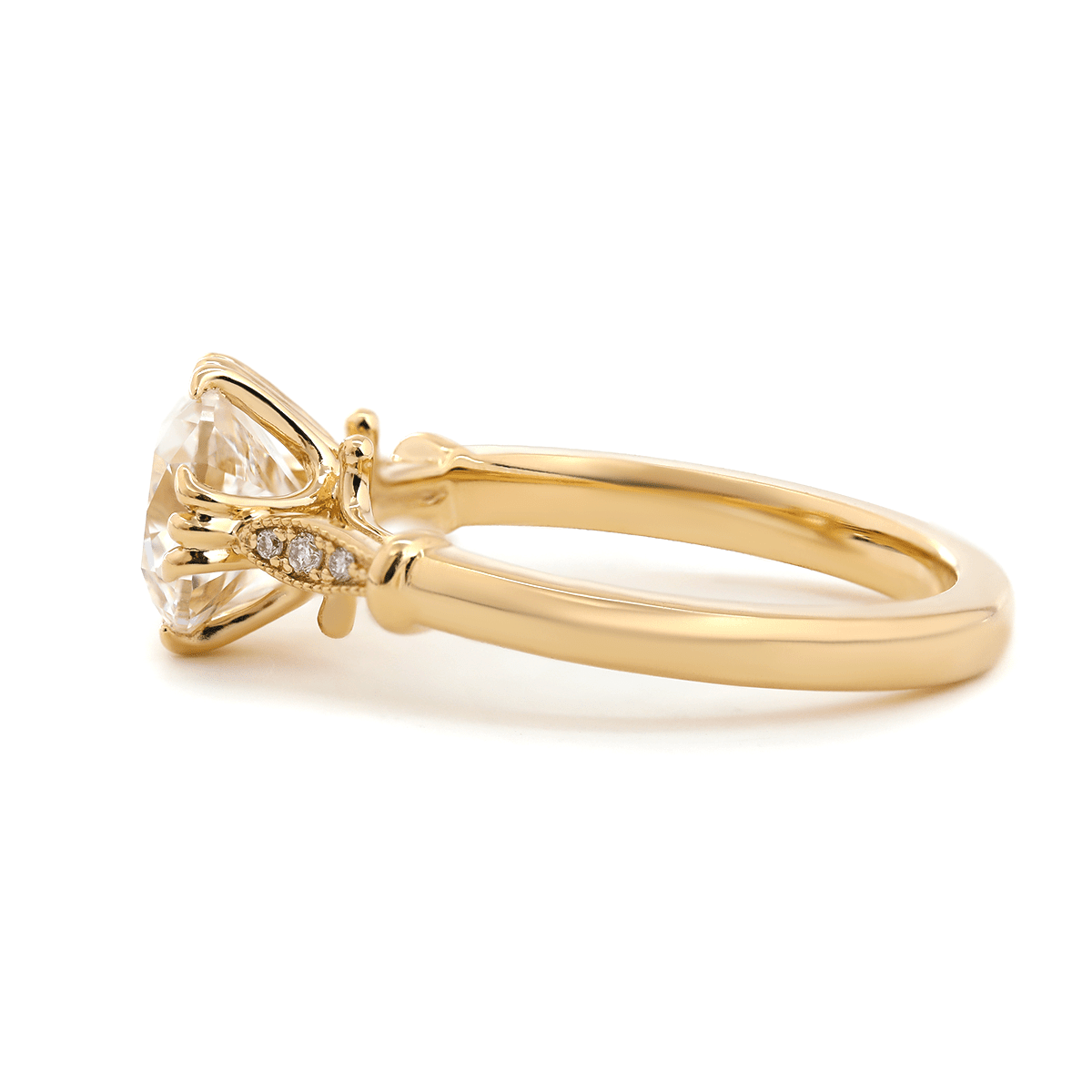 14K Yellow Gold 1.5ct Old Mine Cut Lab Grown Diamond Triple Prong Floral Basket Setting Vintage Ring – Art Nouveau Nature - Inspired Design - FIORESE JEWELRY