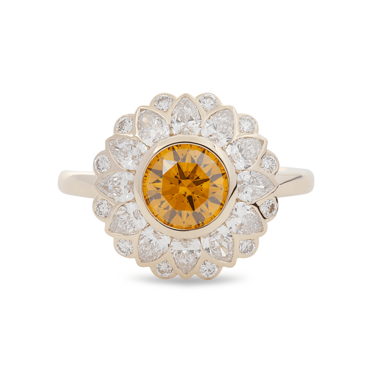 14K Yellow Gold 1.5ct Round Cut Yellow Lab Diamond Nature - Inspired Sunflower Halo Ring - FIORESE JEWELRY