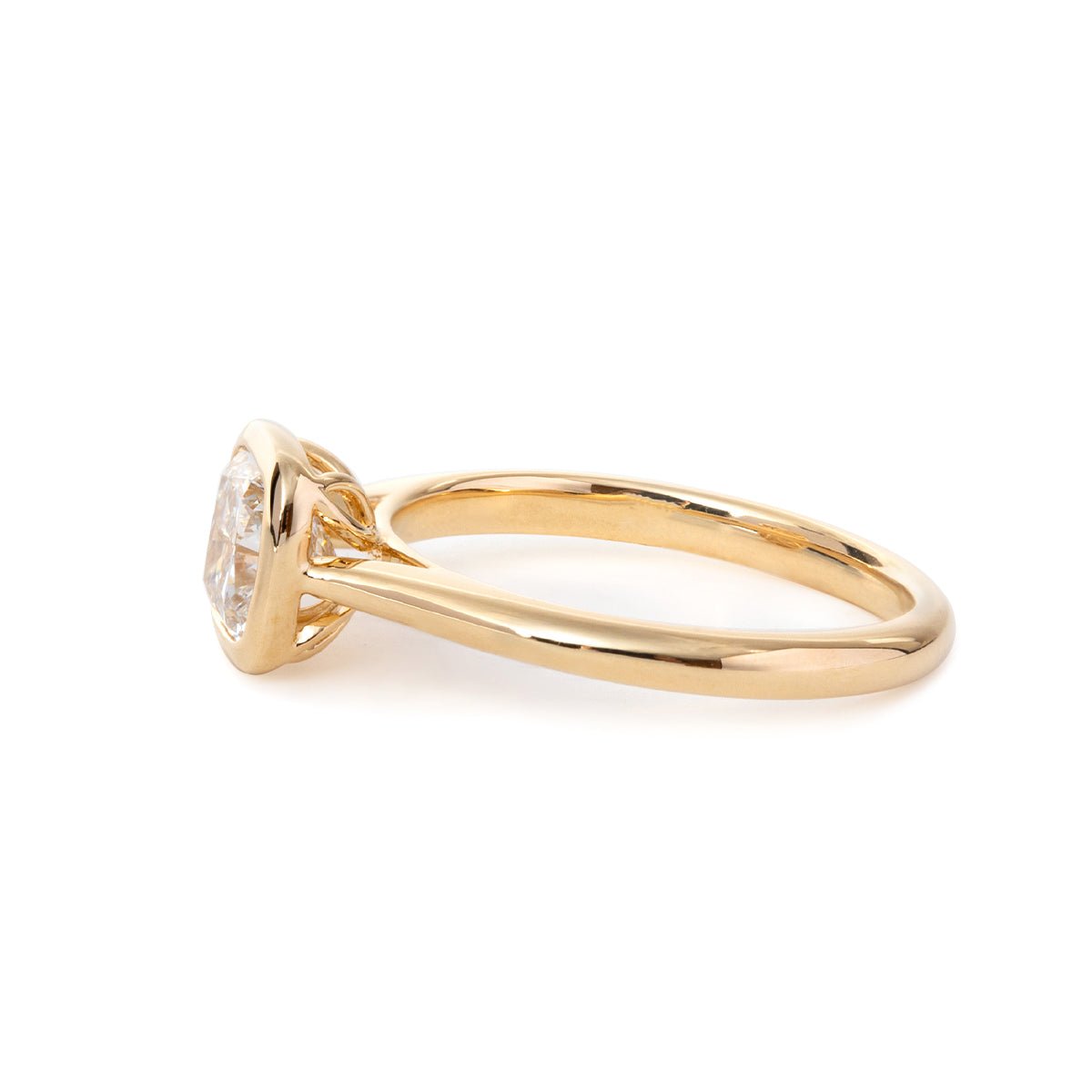 14K Yellow Gold 1ct Cushion Cut Lab Diamond Bezel Cathedral Setting Tapered Band Pinky Ring - FIORESE JEWELRY