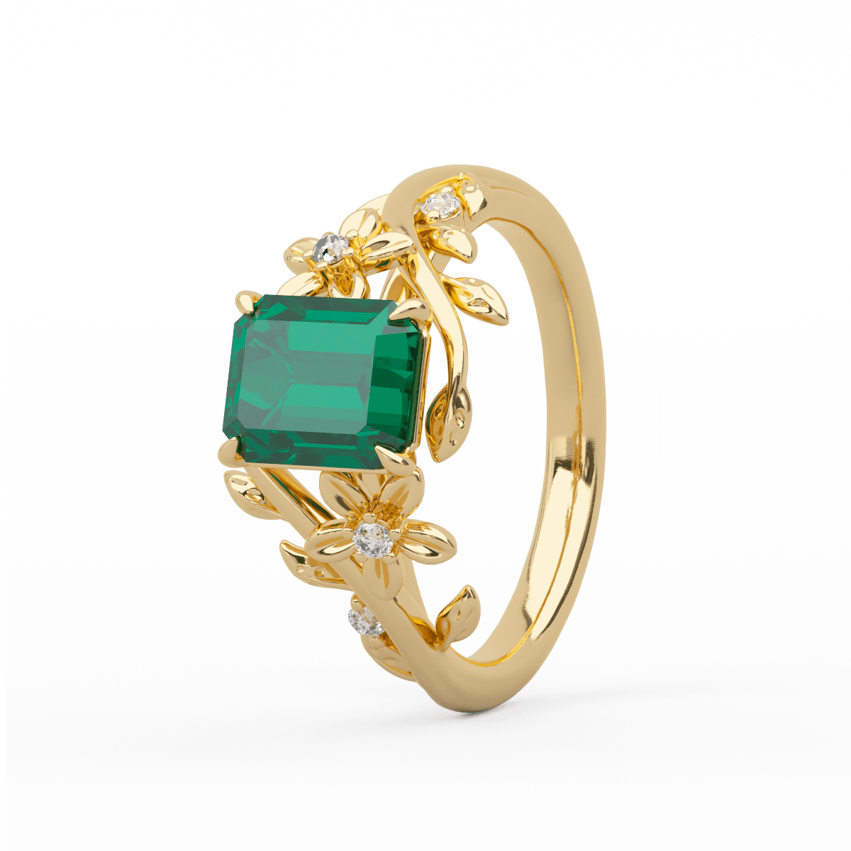 14K Yellow Gold 1ct Lab Emerald Art Nouveau Nature - Inspired Ring with Round Lab Diamond Side - stones - FIORESE JEWELRY