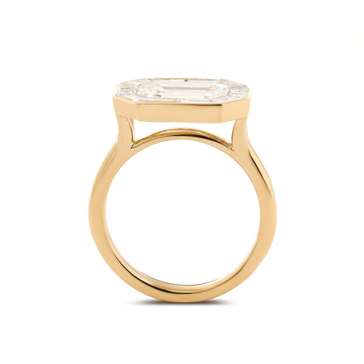 14K Yellow Gold 2.5ct Antique Emerald Cut Lab Diamond Ring with Tapered Step Cut Lab Diamond Halo - FIORESE JEWELRY