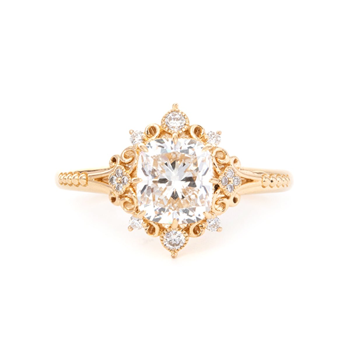 14K Yellow Gold 2.5ct Elongated Cushion Cut Lab Diamond Victoran - Style Ring with Floral Motifs - FIORESE JEWELRY