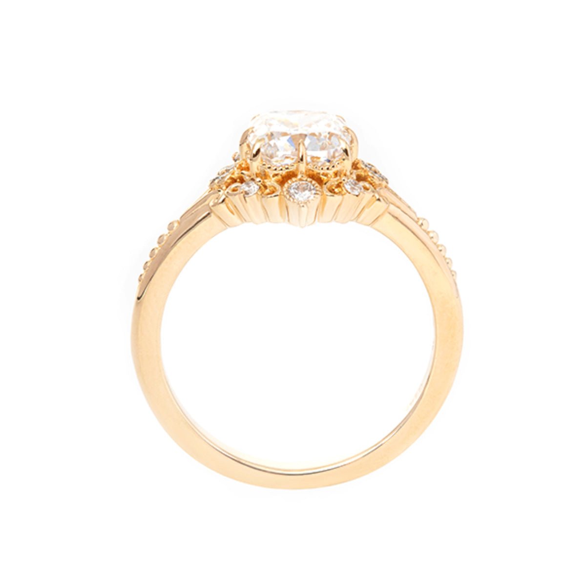 14K Yellow Gold 2.5ct Elongated Cushion Cut Lab Diamond Victoran - Style Ring with Floral Motifs - FIORESE JEWELRY