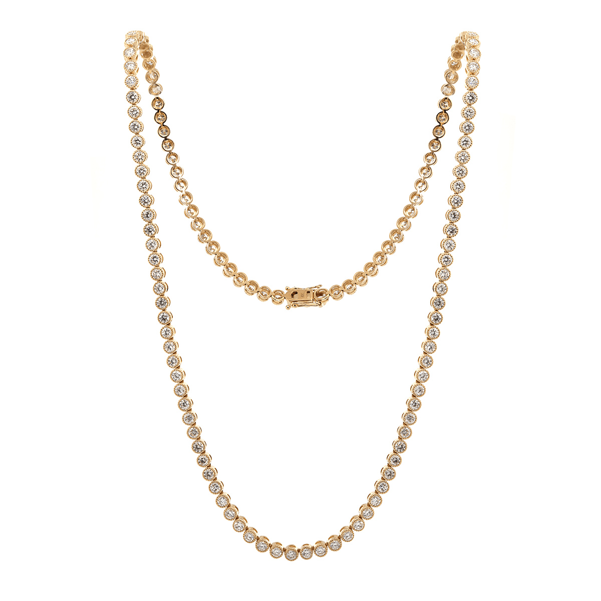 14K Yellow Gold 2.6mm Round Brilliant Cut Lab Diamond Millegrain Bezel Tennis Chain Necklace - FIORESE JEWELRY