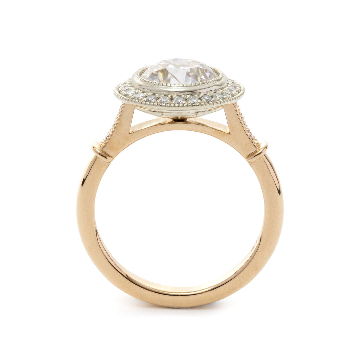 14K Yellow Gold 2ct Old European Cut Lab Diamond Miillegrain Vintage Ring with a 14K White Gold Round Diamond Halo - FIORESE JEWELRY