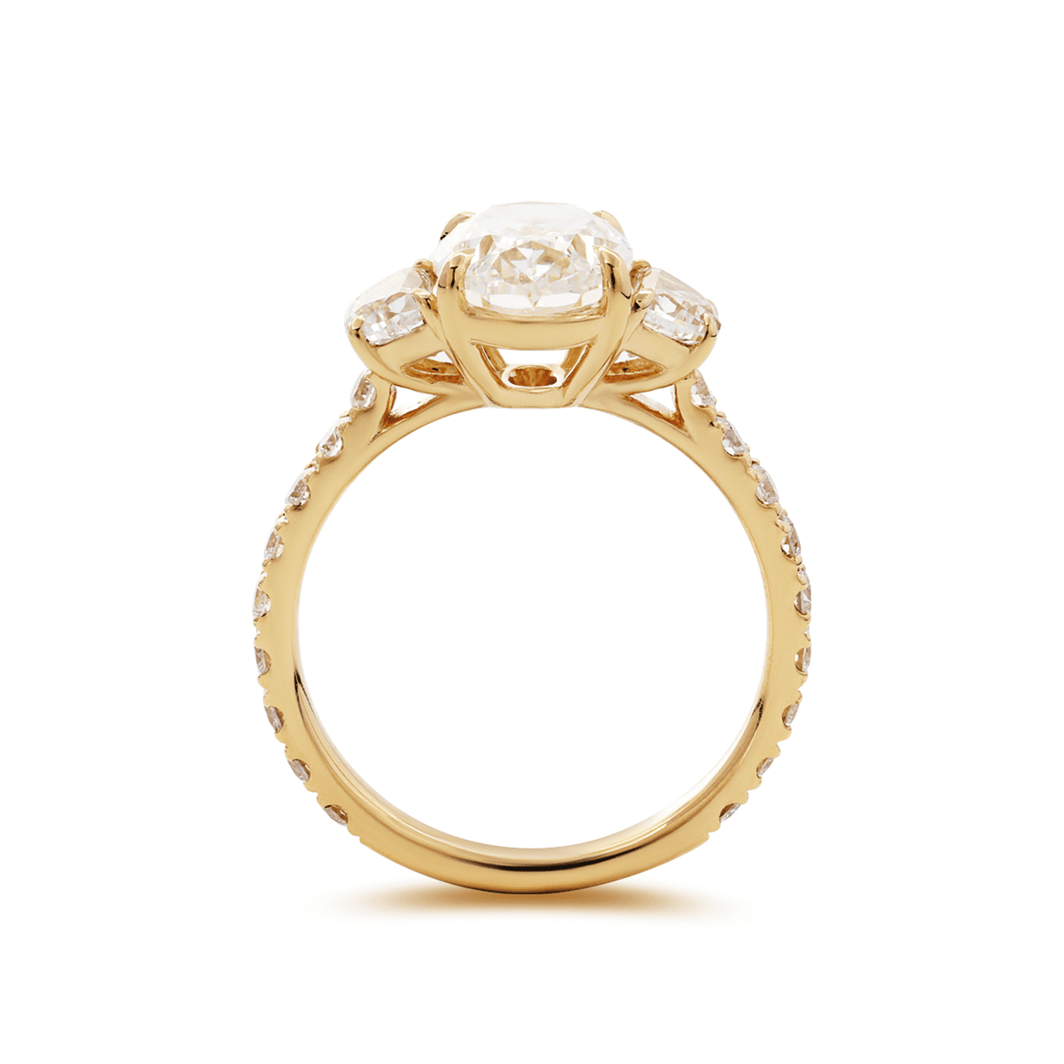 14K Yellow Gold 2ct Oval Lab Diamond Vintage Ring with Half Moon and Round Lab Diamond Side - stones Pave - FIORESE JEWELRY
