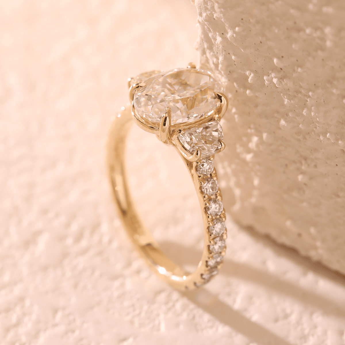 14K Yellow Gold 2ct Oval Lab Diamond Vintage Ring with Half Moon and Round Lab Diamond Side - stones Pave - FIORESE JEWELRY