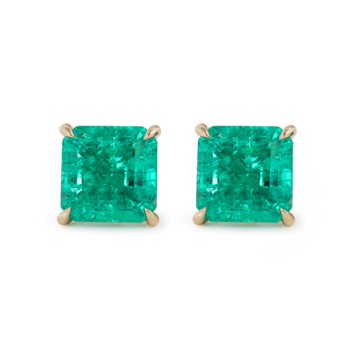 14K Yellow Gold 3.5 ct tw Asshcer Cut Colombian Lab Emerald 4 Claw Prong Basket Stud Earrings - FIORESE JEWELRY